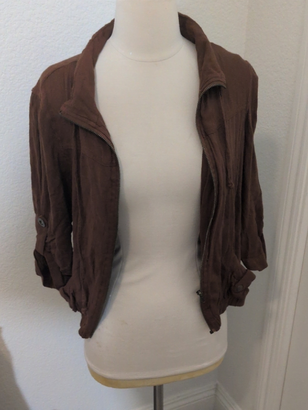 ✅American Rag Cie Womens Jacket Size Large Brown Chocolate Zip Up Crop Bomber